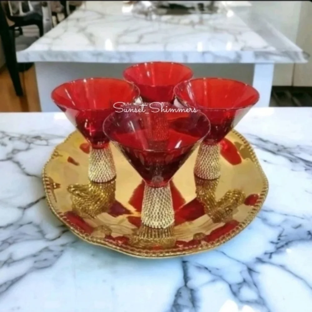x2 New RED & GOLD Rhinestone Crystal Cocktail Bar MARTINI Glass Set Gorgeous
